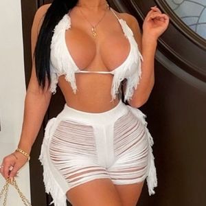 Crochet Ripped Halter Crop Top & Cover Up Shorts Set